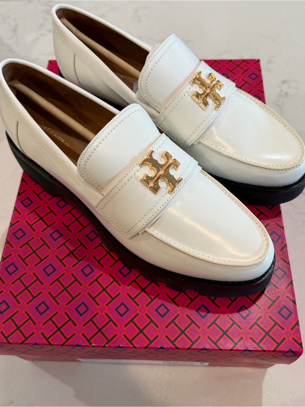 Tory Burch White Patent Loafers with Gold Logo Accent